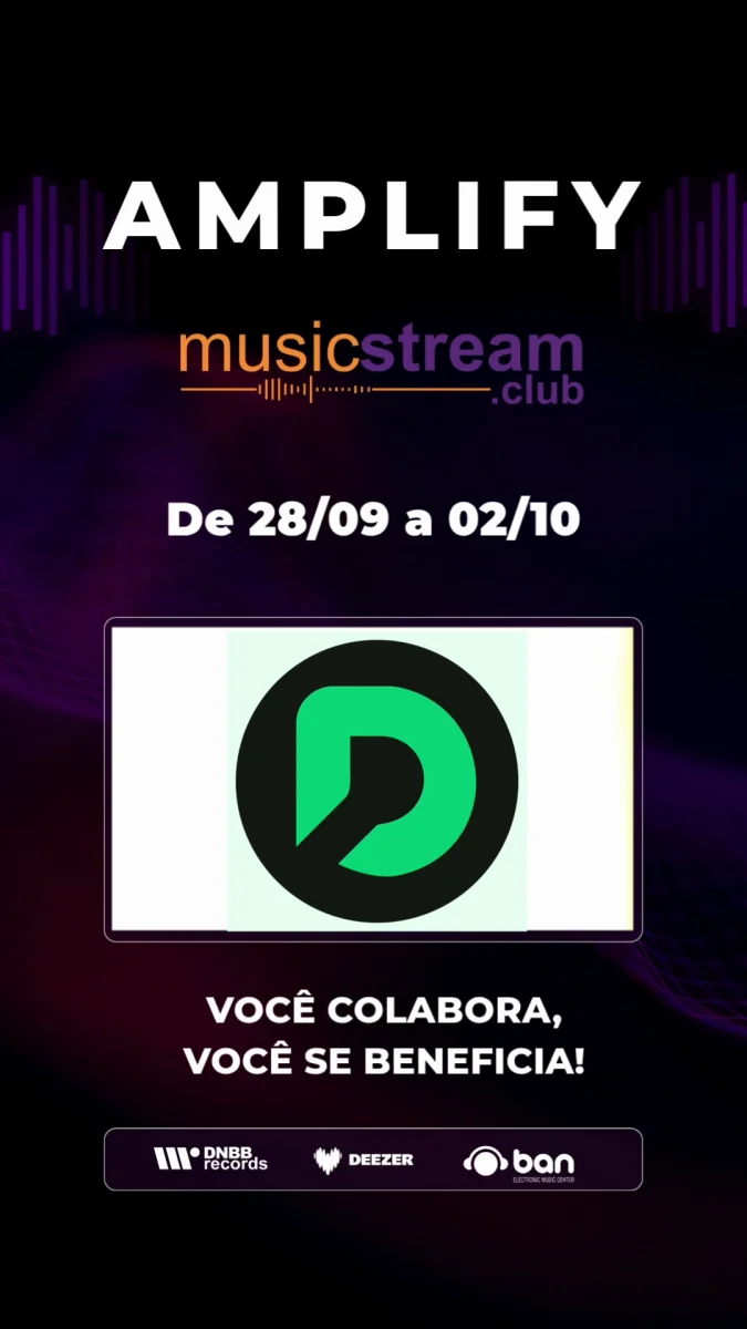 Arte do AMPLIFY: o nome do evento, o logo da musicstream.club, as datas de 28/09 a 02/10 e o D do Doe Dance