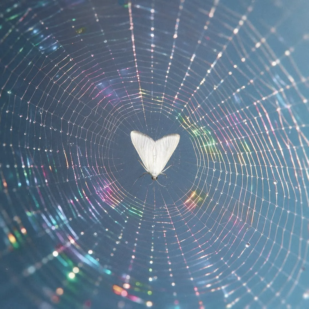 Capa do single Baby, do The Chainsmokers: uma mariposa branca no centro de uma teia de aranha com gotas de orvalho refletindo as cores do arco-íris