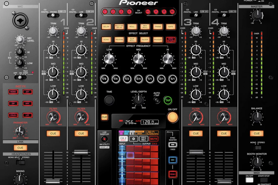 Mixer Pioneer DJ · gains, trim e volume por canal · DJ Ban EMC