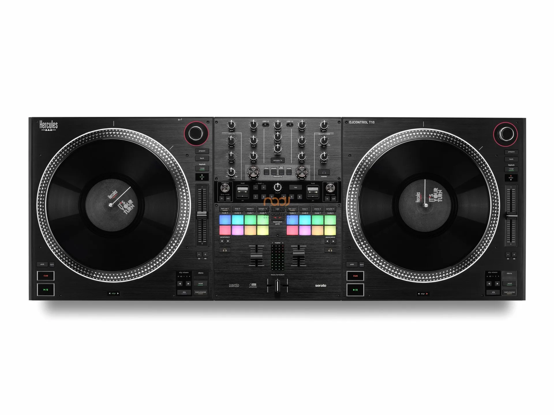 Controladora Hercules DJControl T10 vista de cima, com os dois pratos motorizados de 10 polegadas e o mixer ao centro