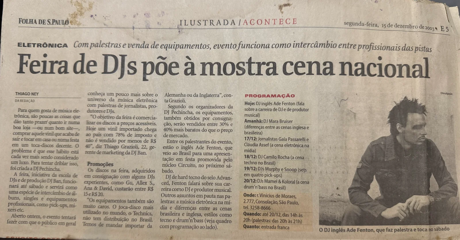 Matéria da Folha de S.Paulo de 15 de dezembro de 2003 sobre a Feira de DJs criada pela DJ Ban