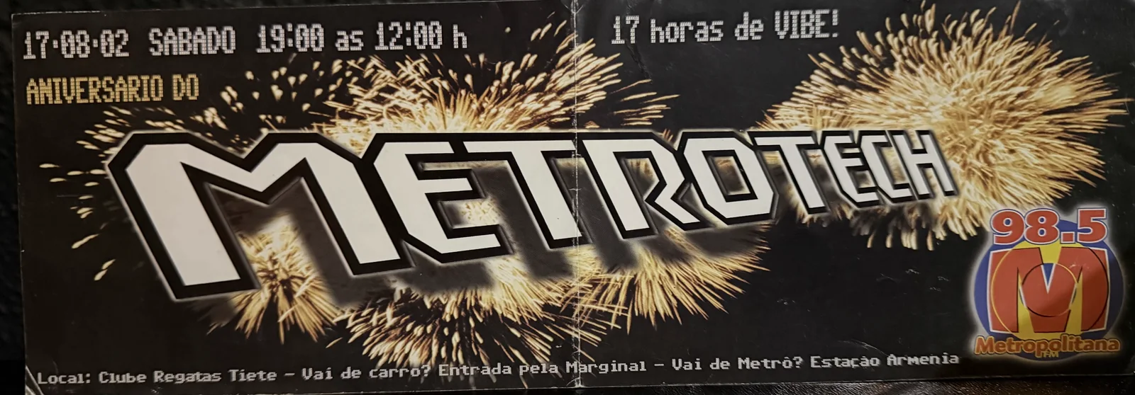 Flyer da festa de aniversário do Metrotech, 17 de agosto de 2002, no Clube Regatas Tietê