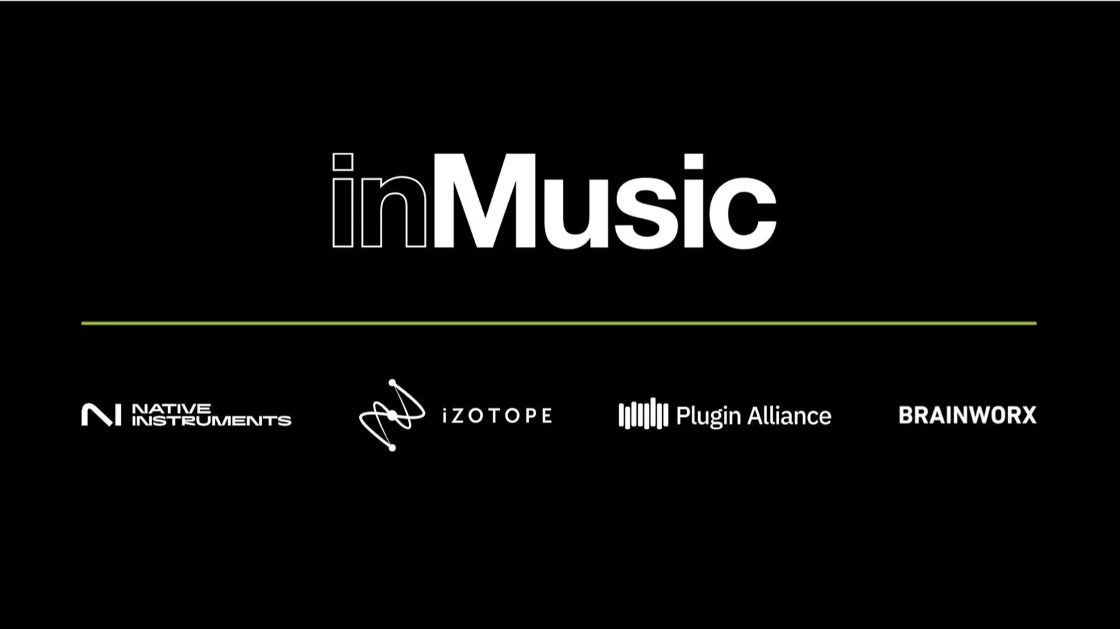 Arte oficial da inMusic com os logos de Native Instruments, iZotope, Plugin Alliance e Brainworx