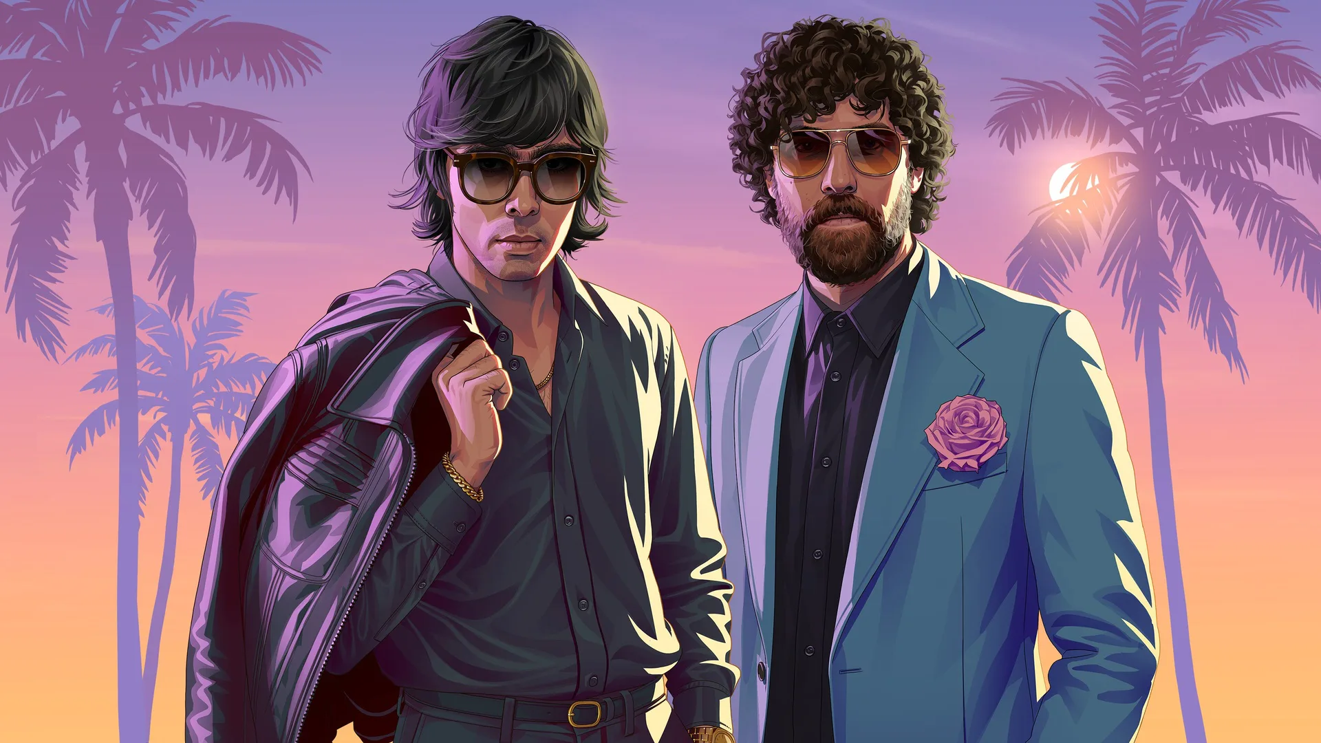 Arte oficial em estilo GTA dos dois integrantes do Justice, de óculos escuros, um com jaqueta de couro no ombro e o outro de terno azul com rosa na lapela, diante de coqueiros e pôr do sol de Vice City