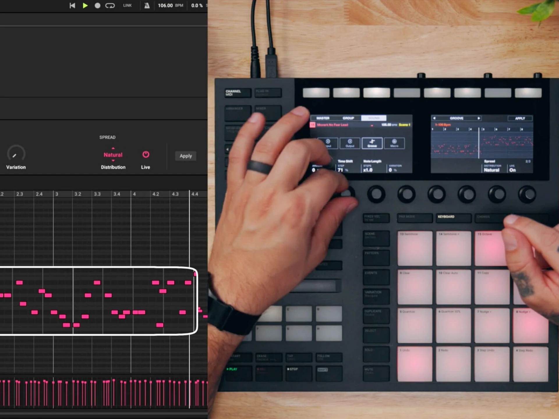 Imagem oficial do Maschine 3.7: à esquerda a tela do software com notas geradas e os controles Spread, Natural e Live, à direita mãos operando a controladora Maschine sobre uma mesa de madeira