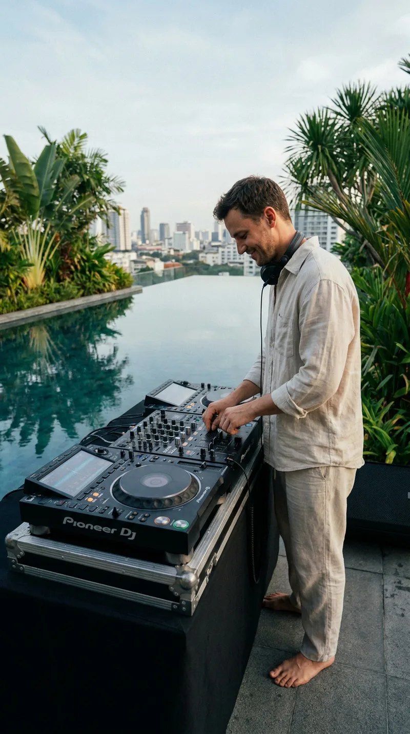 Pessoa relaxando com música ao ar livre junto a uma piscina · wellness rave · bem-estar e música eletrônica