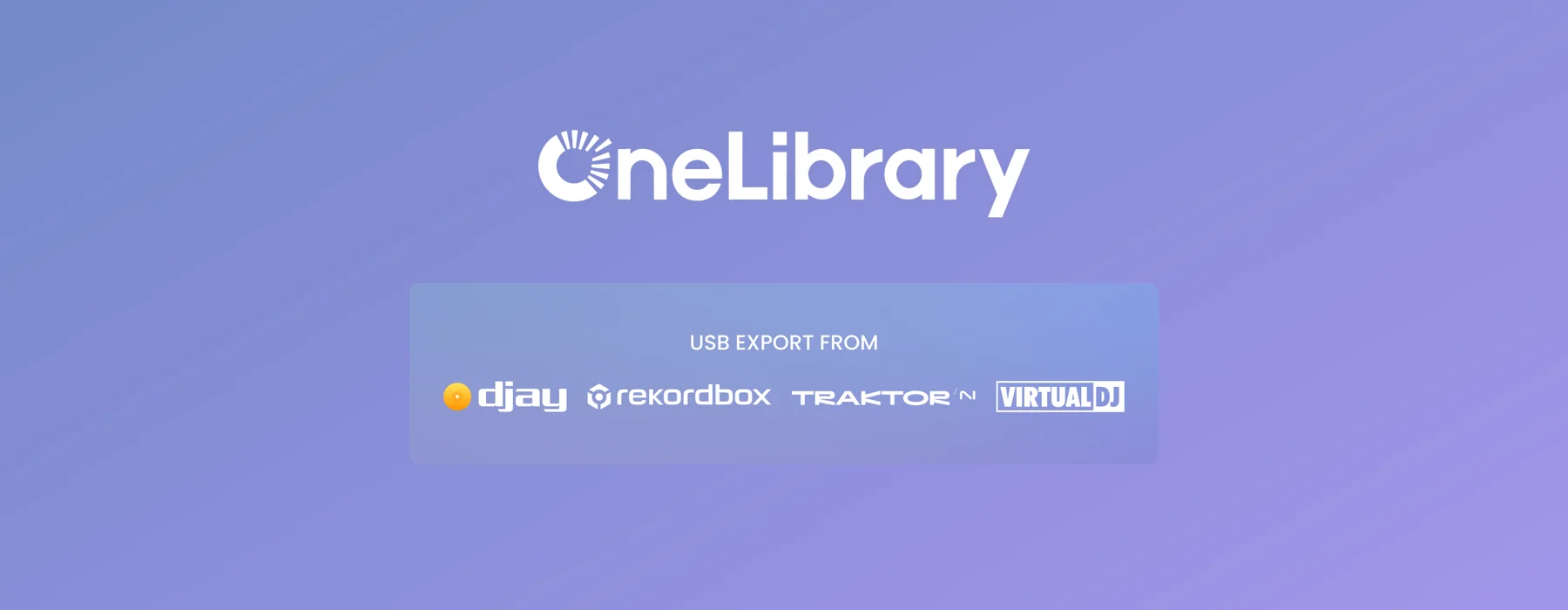 Arte oficial do OneLibrary da AlphaTheta com os logos do djay, Rekordbox, Traktor e VirtualDJ sob a frase USB export from