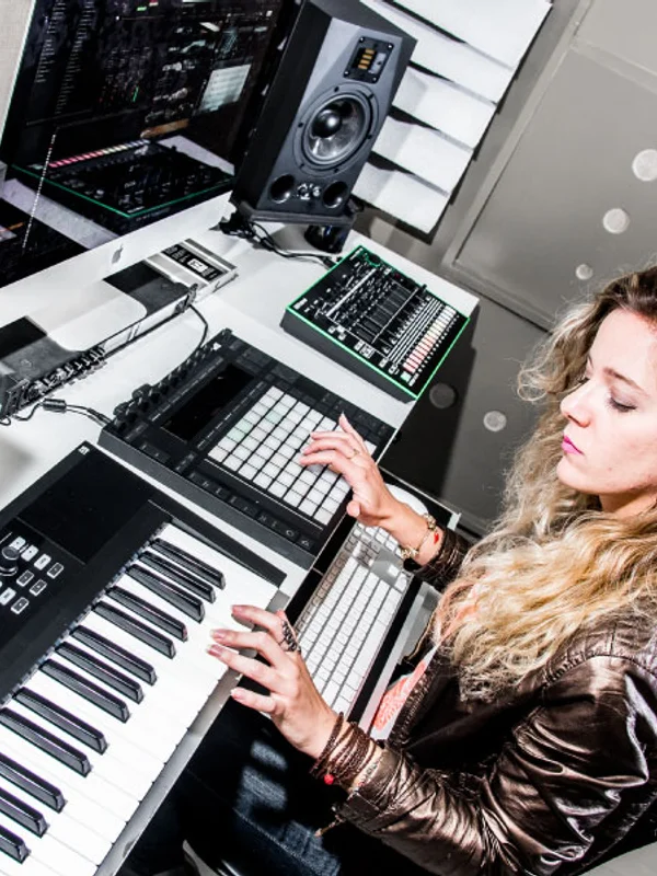 Aluna produzindo música com Ableton Push, teclado master e monitores Adam · DJ Ban EMC