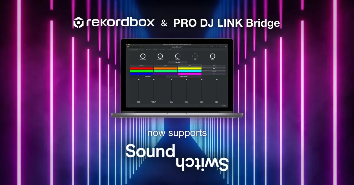 Arte oficial de divulgação: notebook com a tela do SoundSwitch e o texto Rekordbox e PRO DJ LINK Bridge now supports SoundSwitch, num corredor de luzes neon rosa e azul