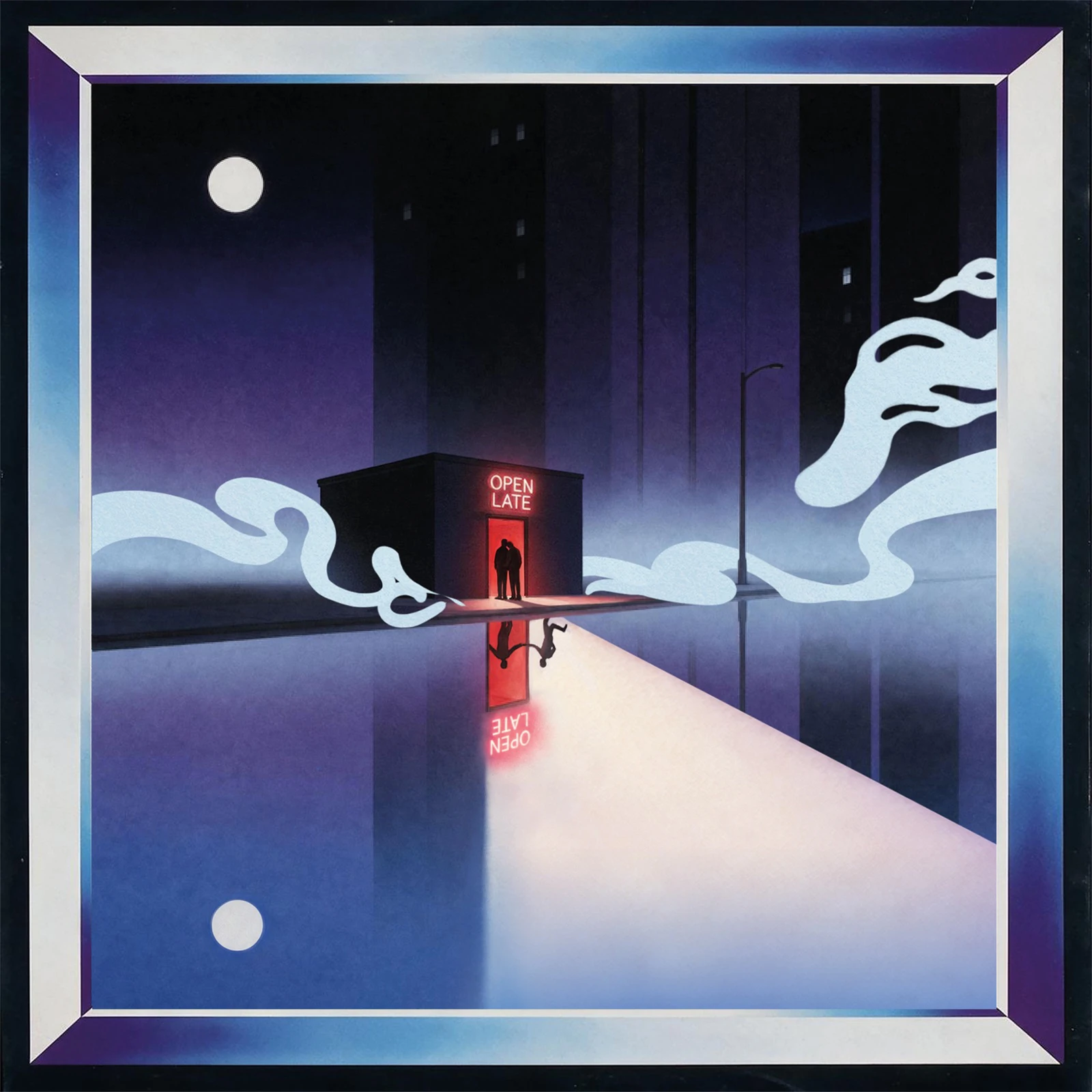 Capa oficial do álbum Open Late, de Sammy Virji: ilustração de um prédio baixo à noite com o letreiro neon vermelho OPEN LATE e um casal na porta, refletido na rua molhada, com lua e fumaça azul