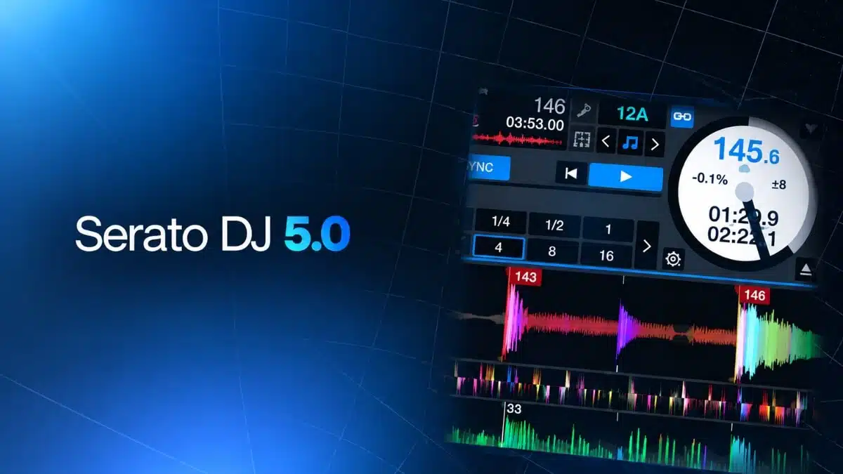 Arte oficial do Serato DJ 5.0 com a interface do software mostrando beatgrids, waveforms coloridas e o BPM da faixa