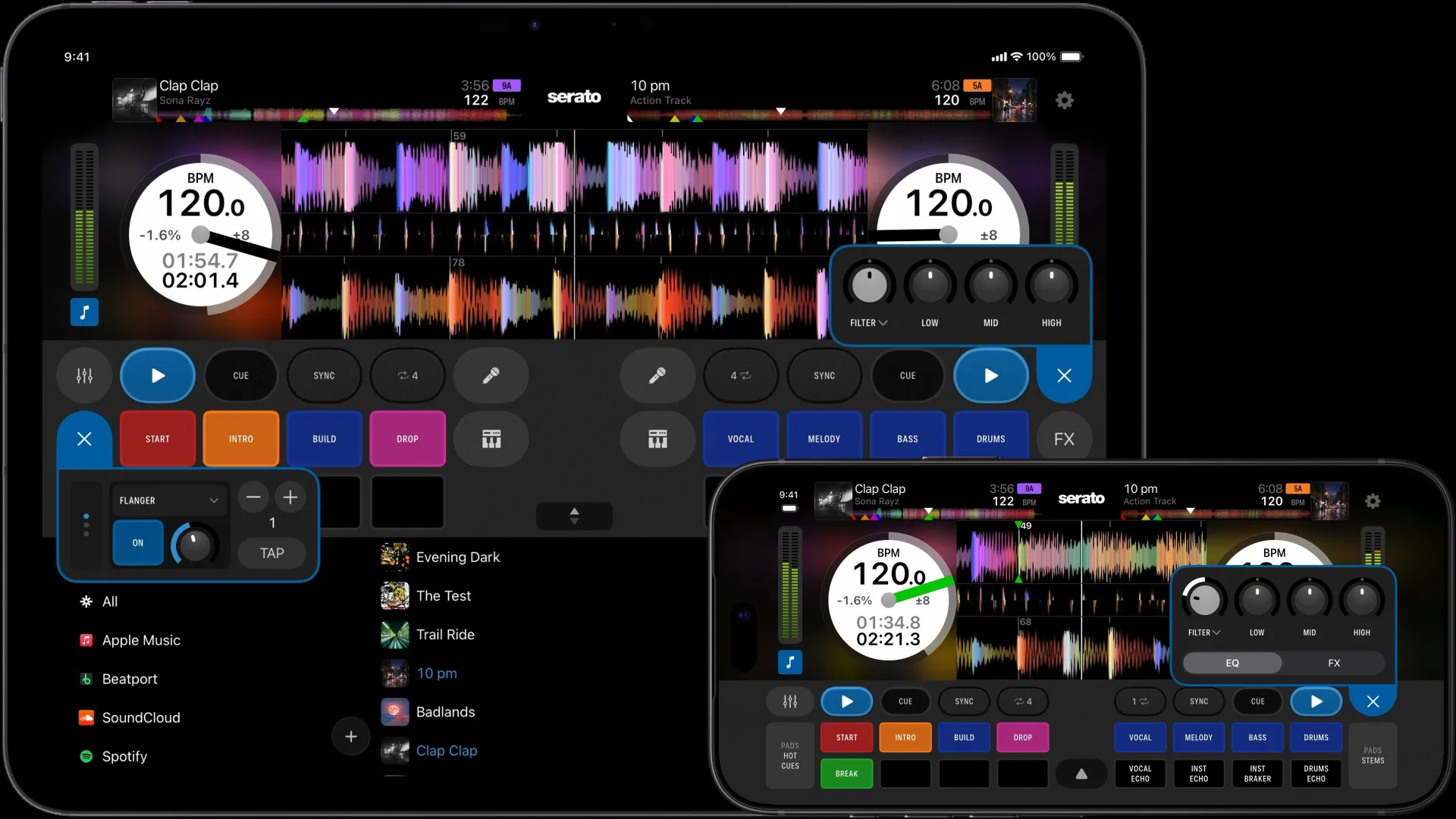 Imagem oficial de divulgação do Serato DJ para iOS, com o app aberto num iPhone e num iPad