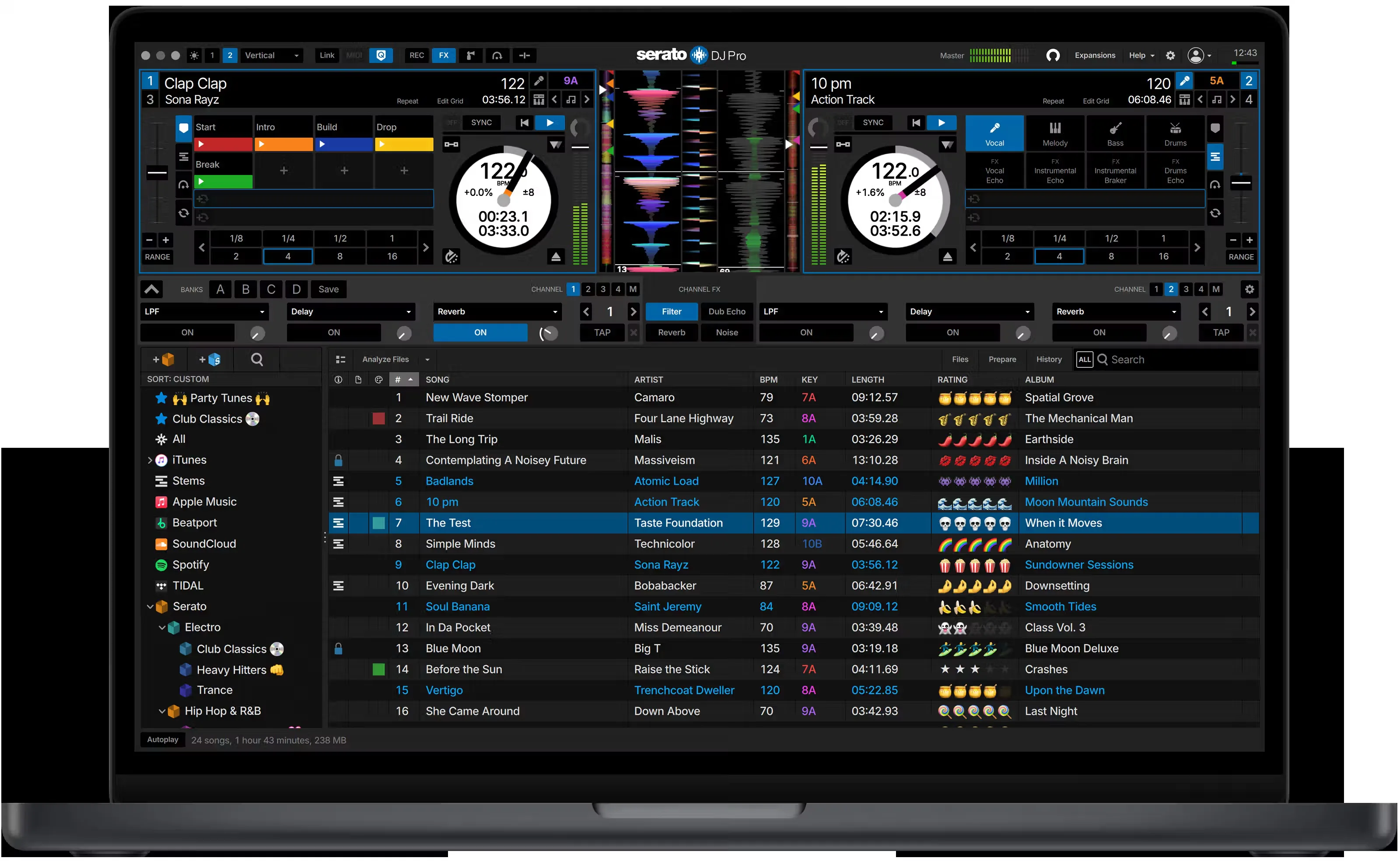 Interface do Serato DJ Pro com waveforms e 4 decks