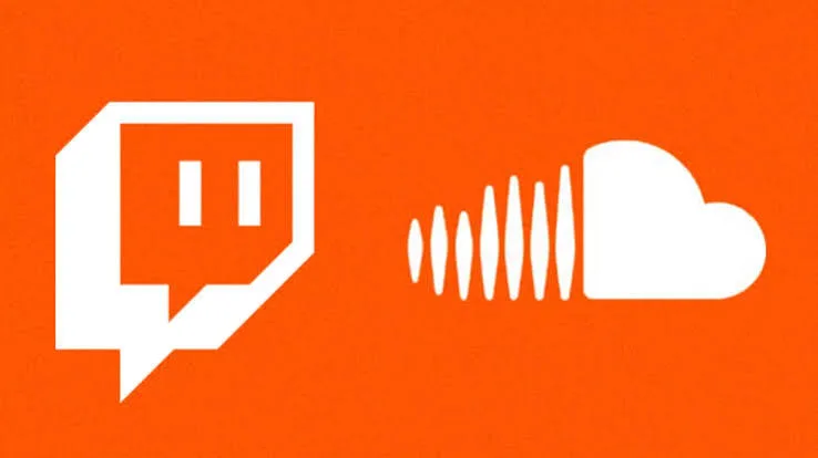 Logos do Twitch e do SoundCloud sobre fundo laranja