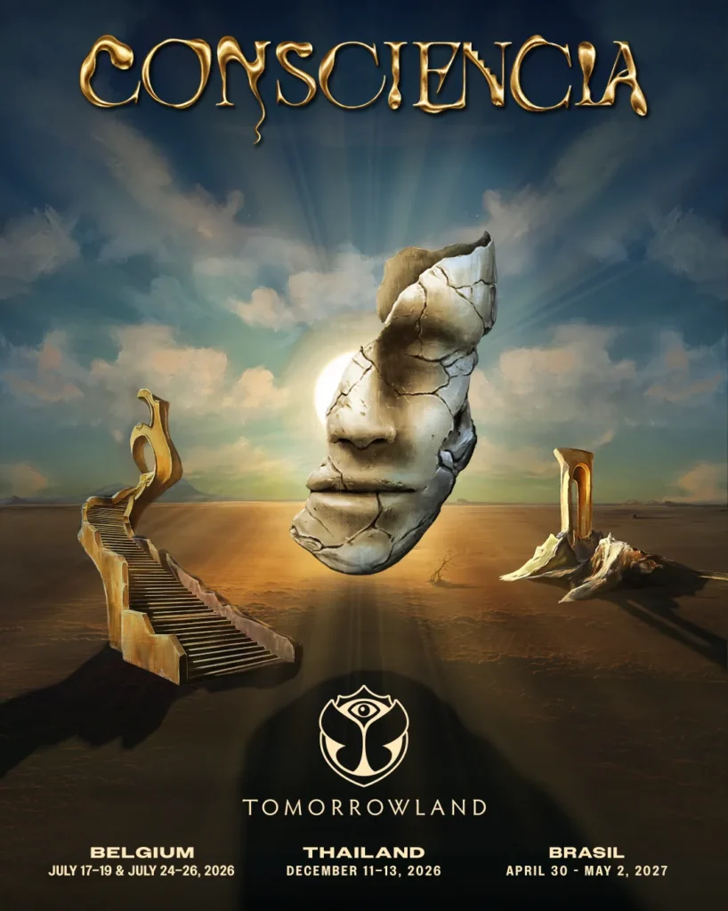 Pôster oficial do Tomorrowland Consciencia 2026, com o tema em letras douradas e as datas de Bélgica, Tailândia e Brasil