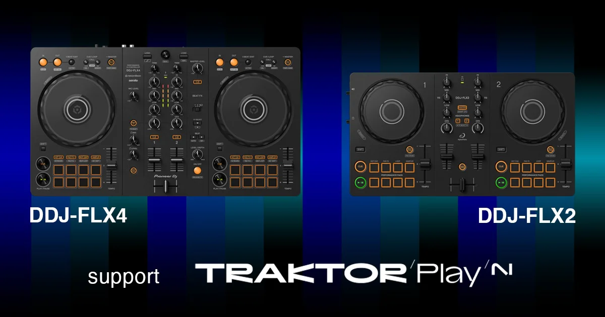 Controladoras DDJ-FLX4 e DDJ-FLX2 da Pioneer DJ lado a lado, com a marca Traktor Play embaixo