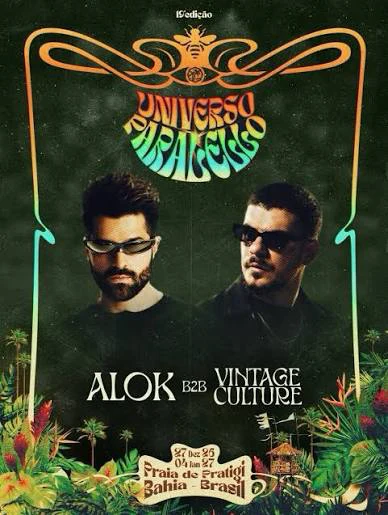 Arte oficial do Universo Paralello com Alok e Vintage Culture lado a lado e a frase ALOK B2B VINTAGE CULTURE, 19ª edição, 27 de dezembro a 4 de janeiro, Praia de Pratigi, Bahia