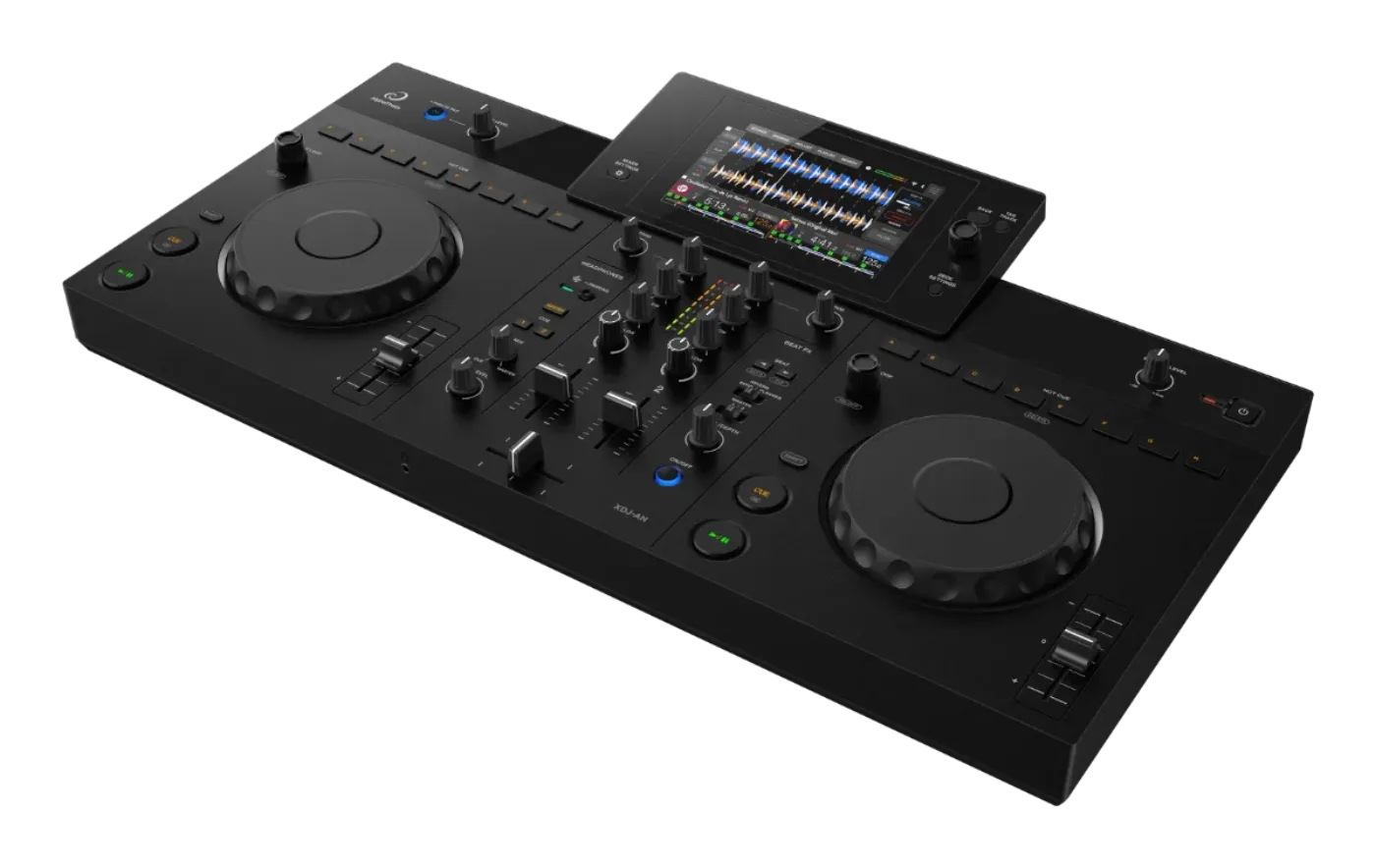 XDJ-AN visto de cima · tela de 7 polegadas, dois jog wheels e mixer de 2 canais