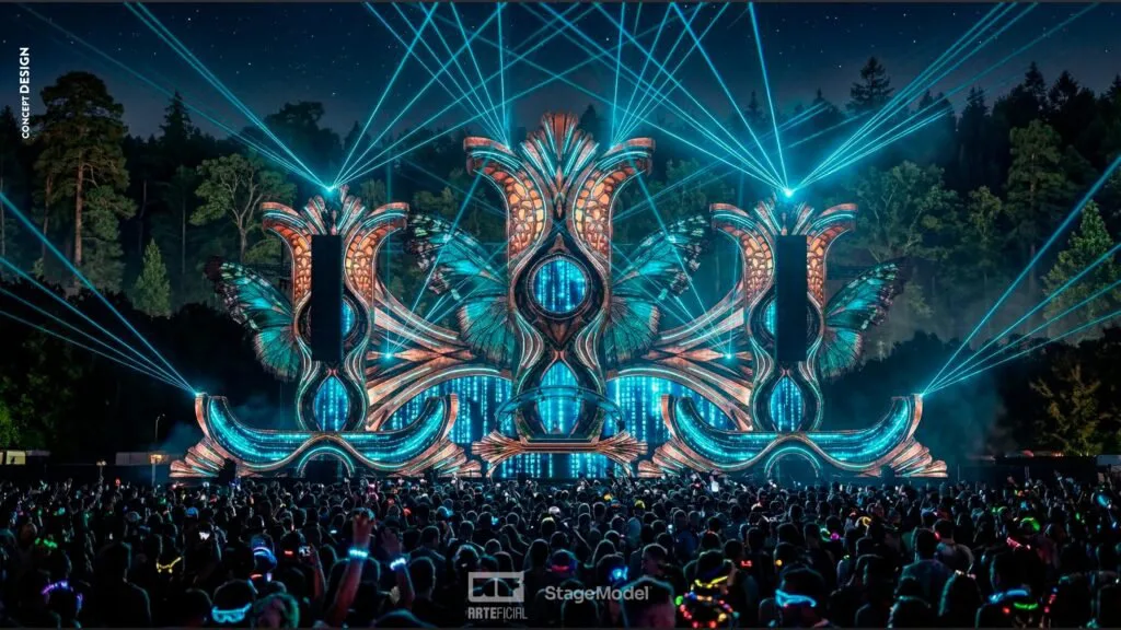 Projeto oficial do palco do XXXPERIENCE 30 anos: estrutura iluminada em azul no meio da mata, lasers abertos sobre o público